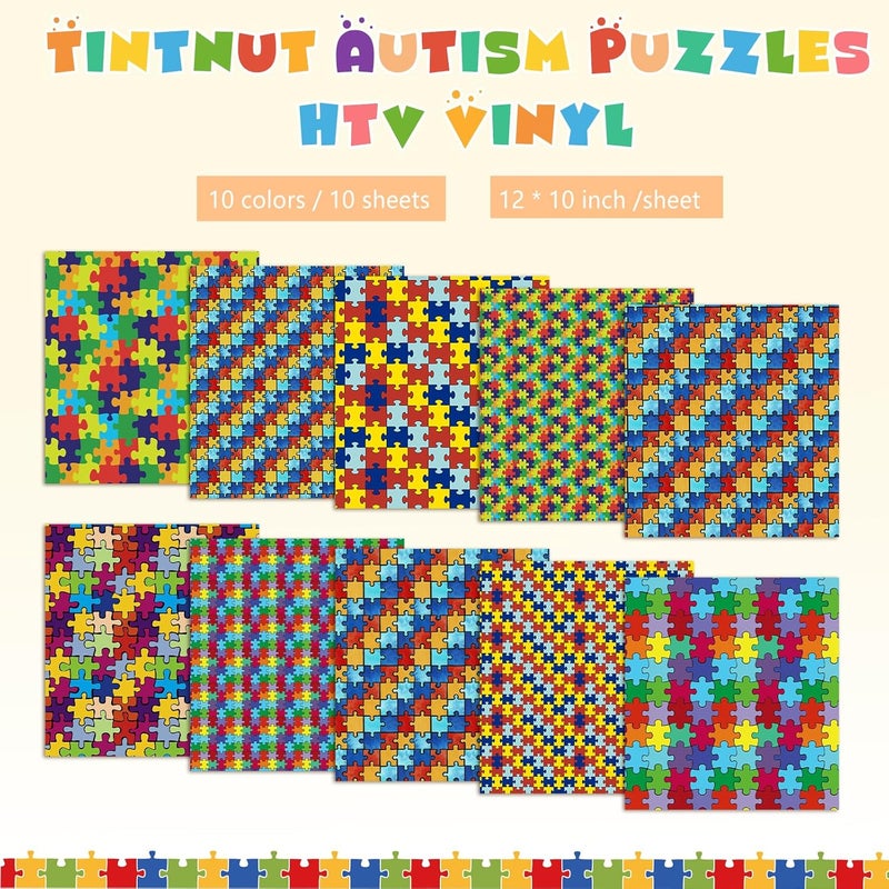 Tintnut Puzzle Pieces Heat Transfer Vinyl - 10 Sheets 10x12 Inch Autism Awareness Puzzles Craft Cutter HTV Vinyl Rainbow Color Pattern Printed Iron on Vinyl for Silhouette Cameo or Cricut - Image 2